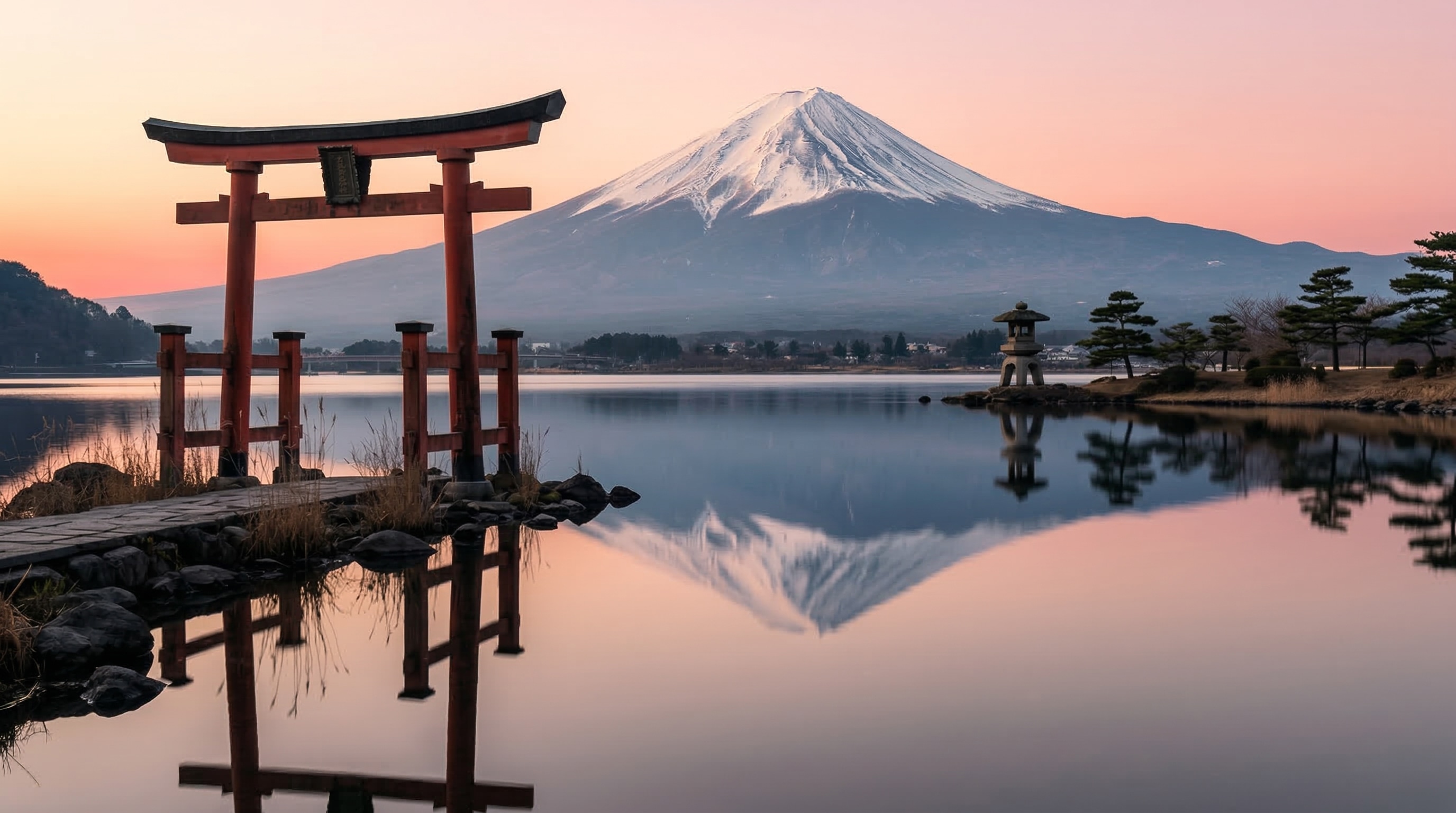 Minimalist Japan landscape — Mount Fuji, torii gate, and serene lake at dawn